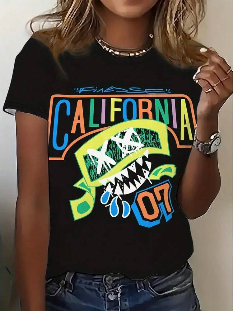 100% Cotton Graphic & Letter Print T-Shirt, Casual Short Sleeve Crew Neck Top, Women's Clothing Summer T-Shirt For Women | SHEIN