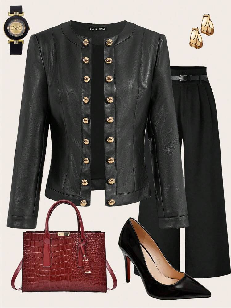 Ellevyn Women's Elegant Metal Button Decor Long Sleeve PU Jacket, Spring Autumn | SHEIN