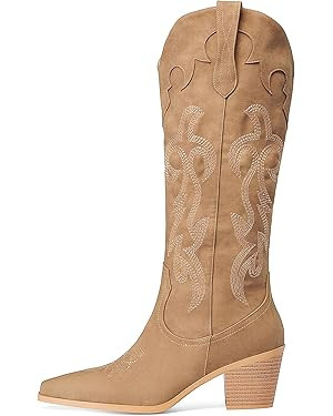 Oh Mispares Women's Western Style Knee High Cowgirl Boots Embroidered Wide Calf Pointed Toe Chunk... | Amazon (US)