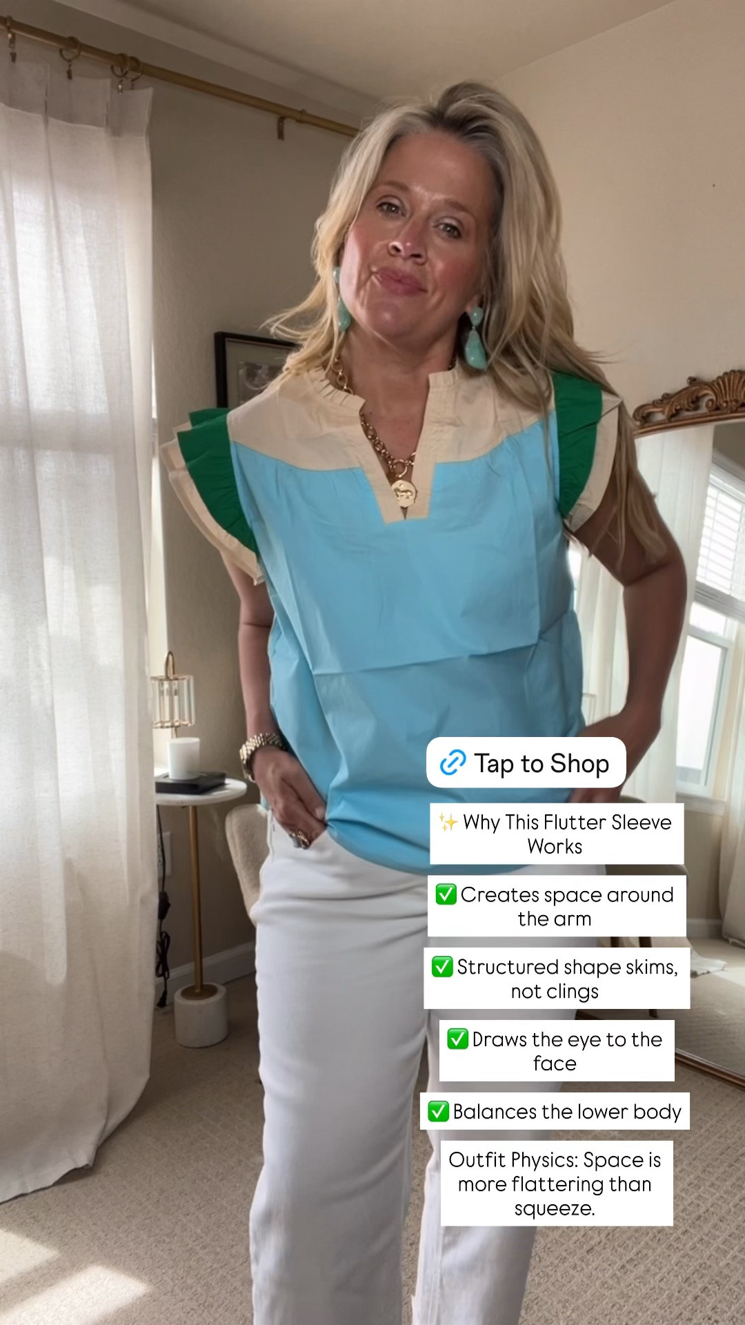 ✨Tap the bell, save and ❤️ for over 40 fashion, midlife style, midsize fashion and luxury looks for less. 

I used to think all flutter sleeves were flattering.

They’re not.

Tiny flutter sleeves often stop at the widest part of the arm, drawing attention exactly where many women don’t want it.

But a structured flutter sleeve works differently.

✨ Creates space around the arm
✨ Holds its shape instead of collapsing
✨ Draws the eye upward
✨ Creates balance through the shoulders

That’s the difference between a sleeve that highlights the arm and a sleeve that creates balance.

Outfit Physics isn’t about hiding your body.

It’s about understanding why one shirt works and another doesn’t.

Which team are you?

A. Tiny flutter sleeve
B. Structured flutter sleeve
👇

👑"Helping you look good, feel good!" - Lindsey Denver

#LTKOver40 #LTKMidsize #LTKPlusSize