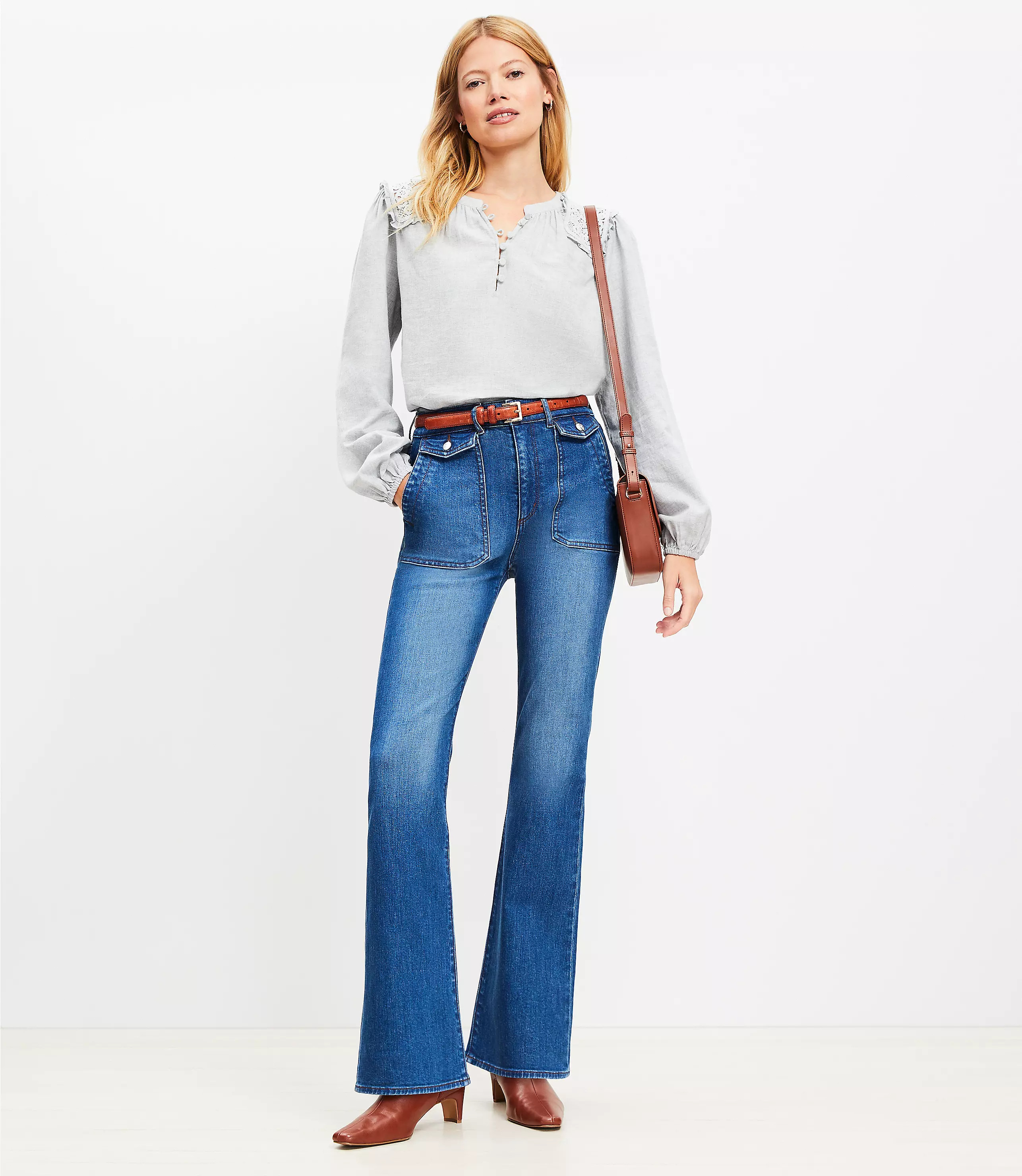 Petite Utility Pocket High Rise Slim Flare Jeans in Stone Wash | LOFT