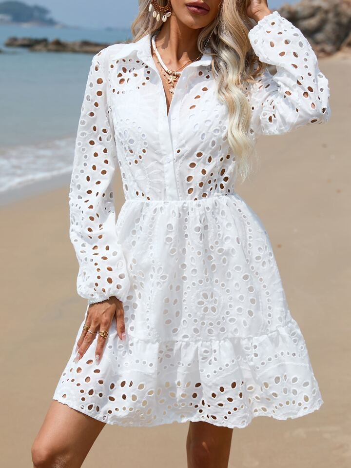 SHEIN VCAY Eyelet Embroidery Ruffle Hem Shirt Dress | SHEIN