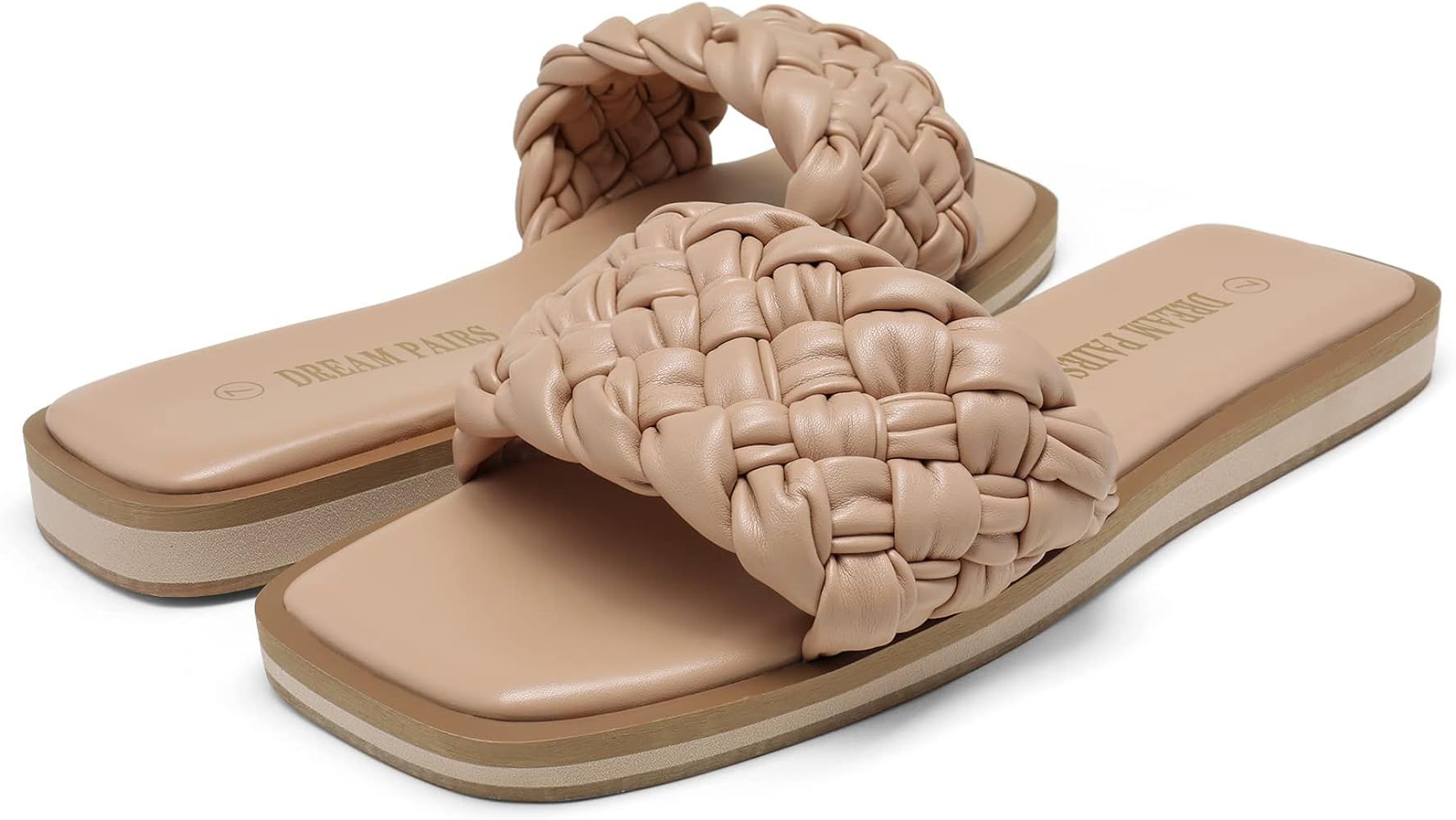 DREAM PAIRS Women's Square Open Toe Slide Sandals Cute Slip on Braided Strap Rhinestone Flat Sandals | Amazon (US)