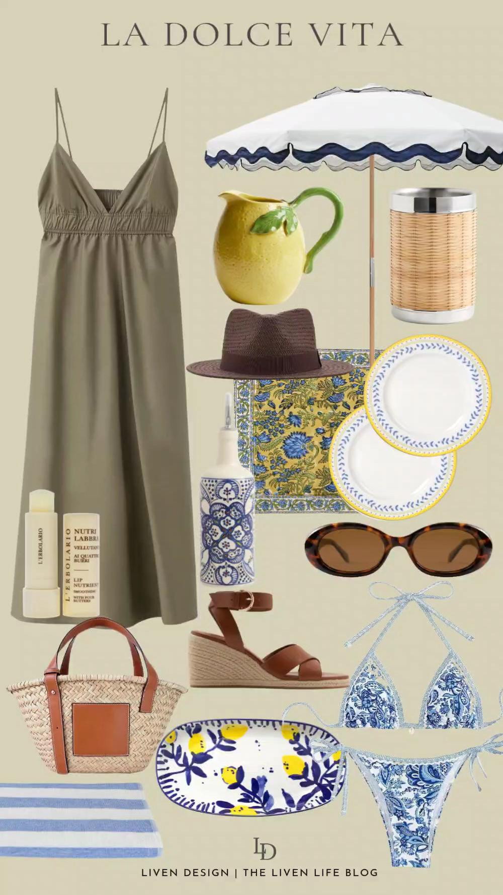 Summer vibes. Olive green dress. Patio umbrella. Outdoor decor. Lemon pitcher. Straw hat. Wedges. Wine chiller. Beach towel. Floral napkins. 

#LTKSeasonal #LTKHome #LTKSaleAlert