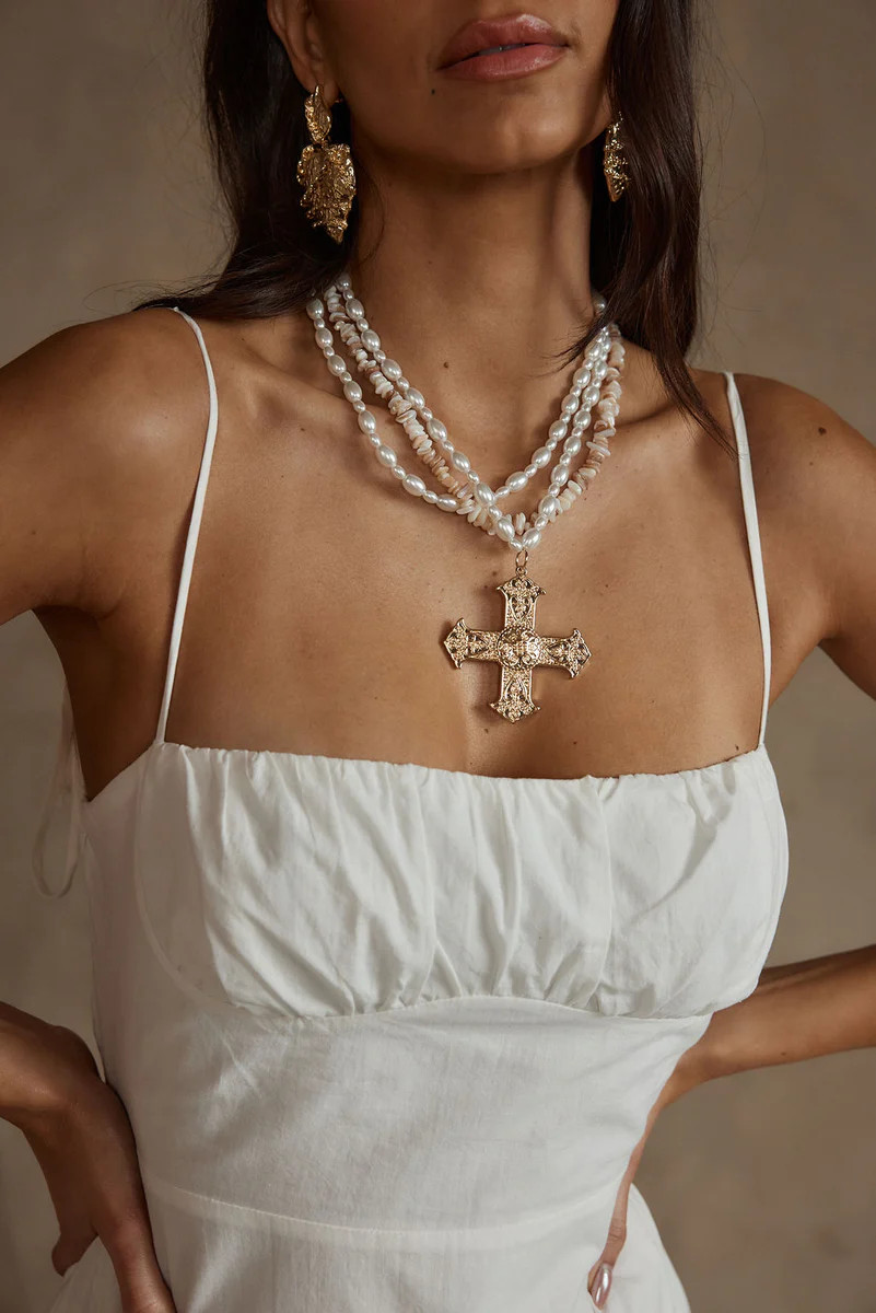 Angelica Gold Pearl Cross Statement Necklace | 12th Tribe