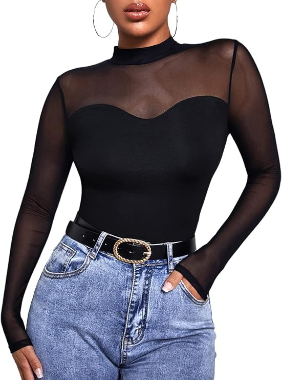 GORGLITTER Turtleneck Long Sleeve Tops Y2K Mock Neck Sheer Mesh Tees Top | Amazon (US)