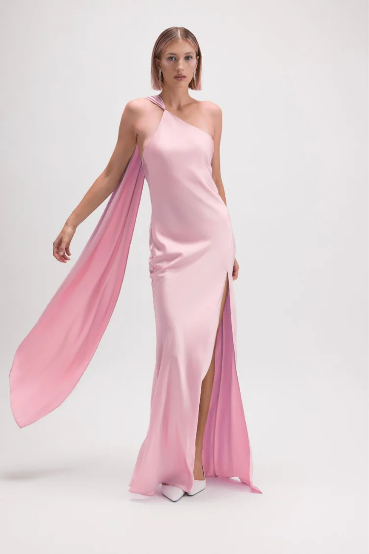 Hailey Satin Maxi Dress with Neck Scarf - Pink | Confête