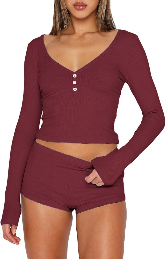 Amazon.com: TiulZial Womens 2 Piece Y2K Pajamas Set Long Sleeve Cropped Top Button Down V Neck Sl... | Amazon (US)