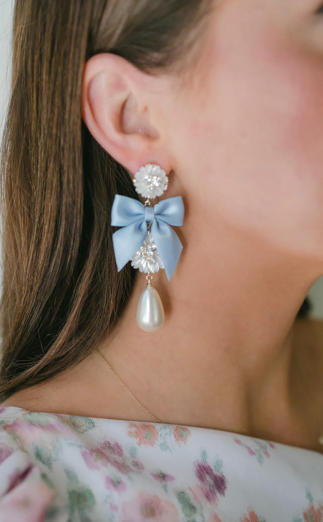 embellished mother of pearl + cornflower blue bow | Nicola Bathie Jewelry