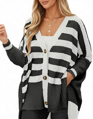 Saodimallsu Womens Oversized Striped Cardigan Sweaters V Neck Fuzzy Knit Button Up Side Slit Fall... | Amazon (US)