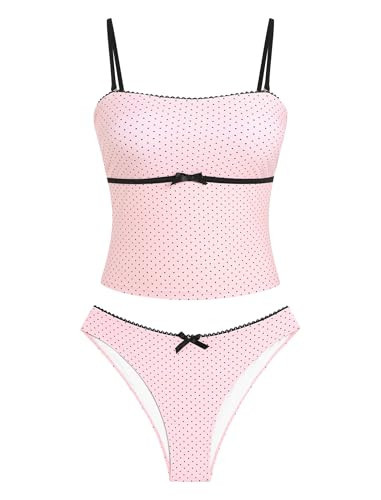 ZAFUL Tankini Swimsuits for Women Bow Tie Side Bathing Suits Tummy Control High Cut Two Piece Bikini Sets (Polka dots-Pink, M) | Amazon (US)