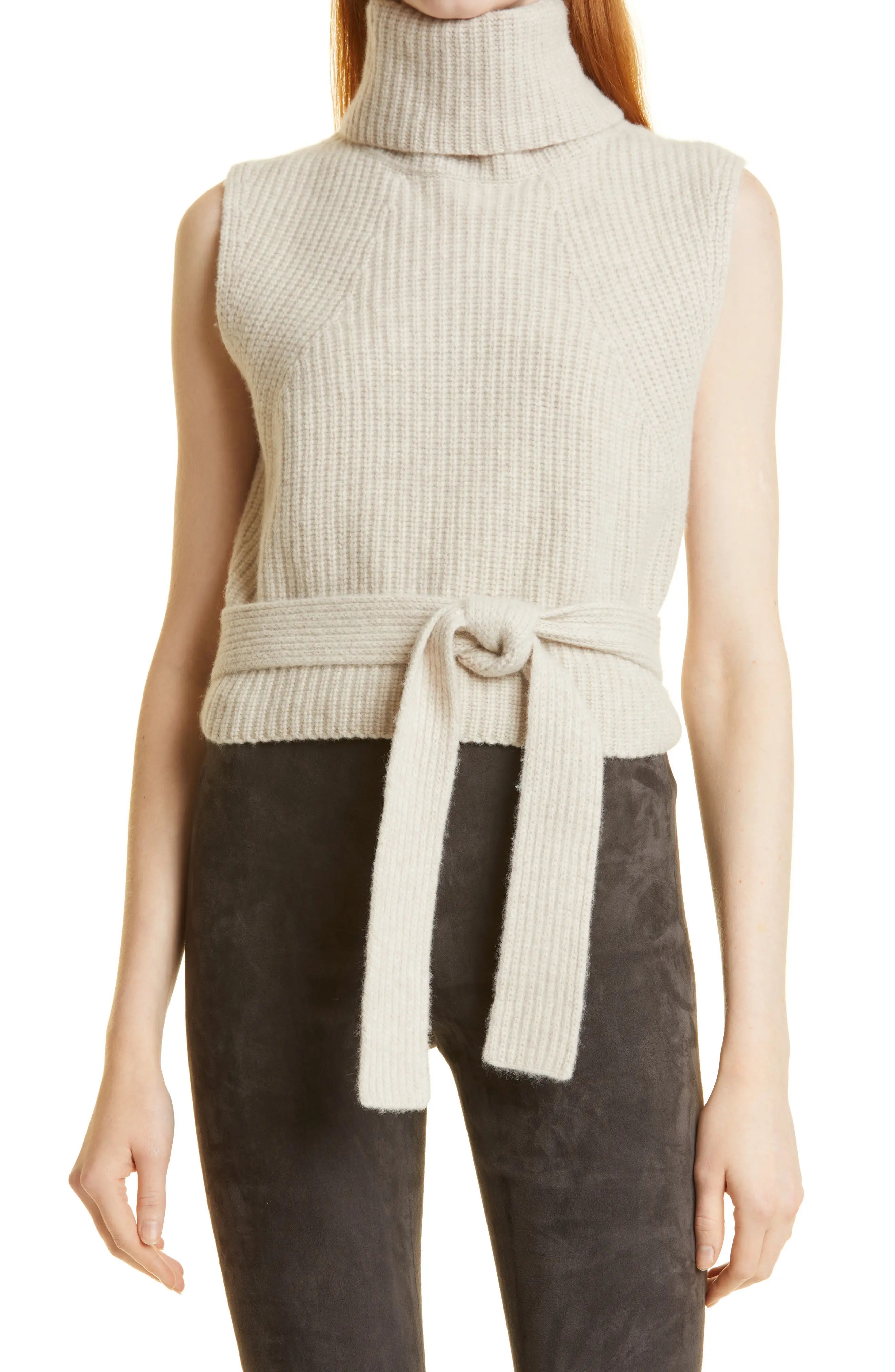 Vince Tie Waist Sleeveless Turtleneck Sweater, Size Small in 242Hdo-H Dove Oat at Nordstrom | Nordstrom