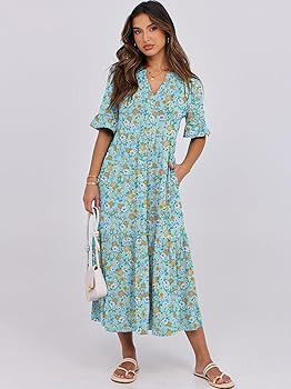 ANRABESS Womens Summer Maxi Dresses Casual Ruffle Short Sleeve V Neck Flowy Tiered 2026 Spring T ... | Amazon (US)