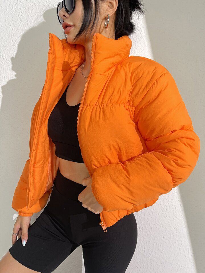 SHEIN Coolane Neon-Orange Zip Up Puffer Coat | SHEIN