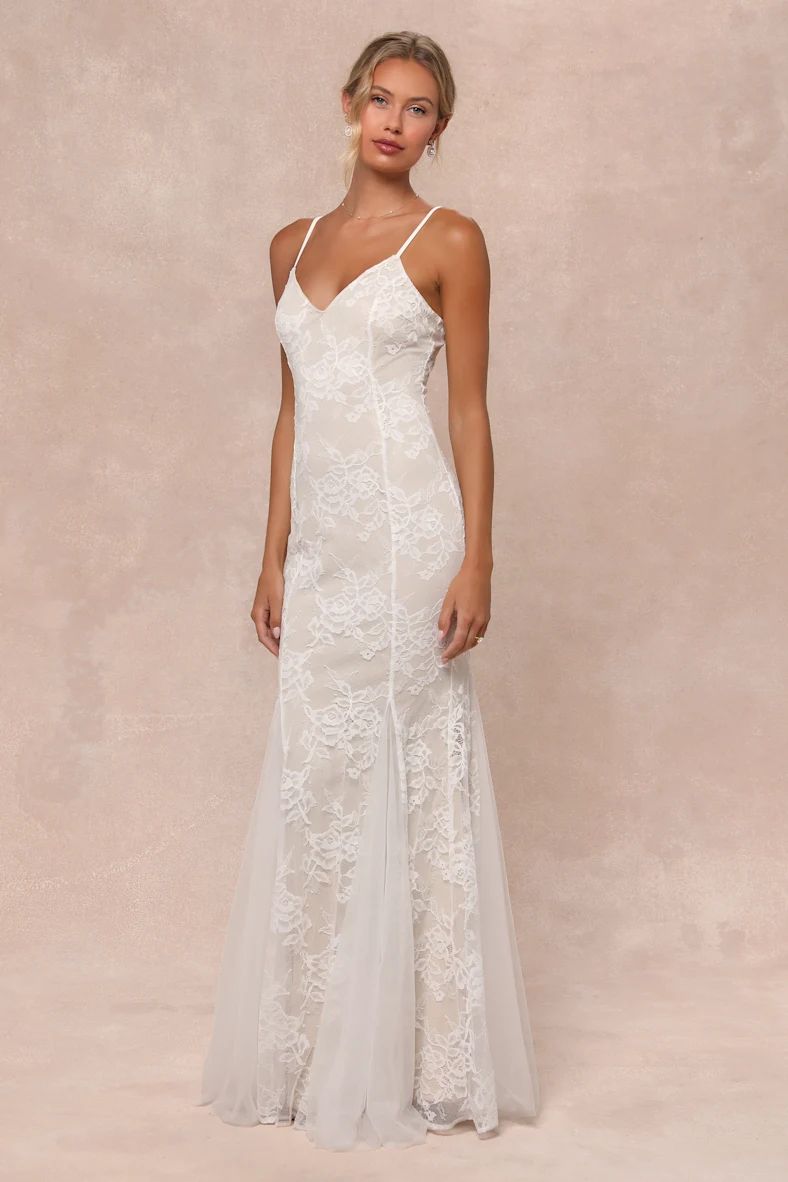 Immaculate Grace White and Beige Lace Mermaid Maxi Dress | Lulus