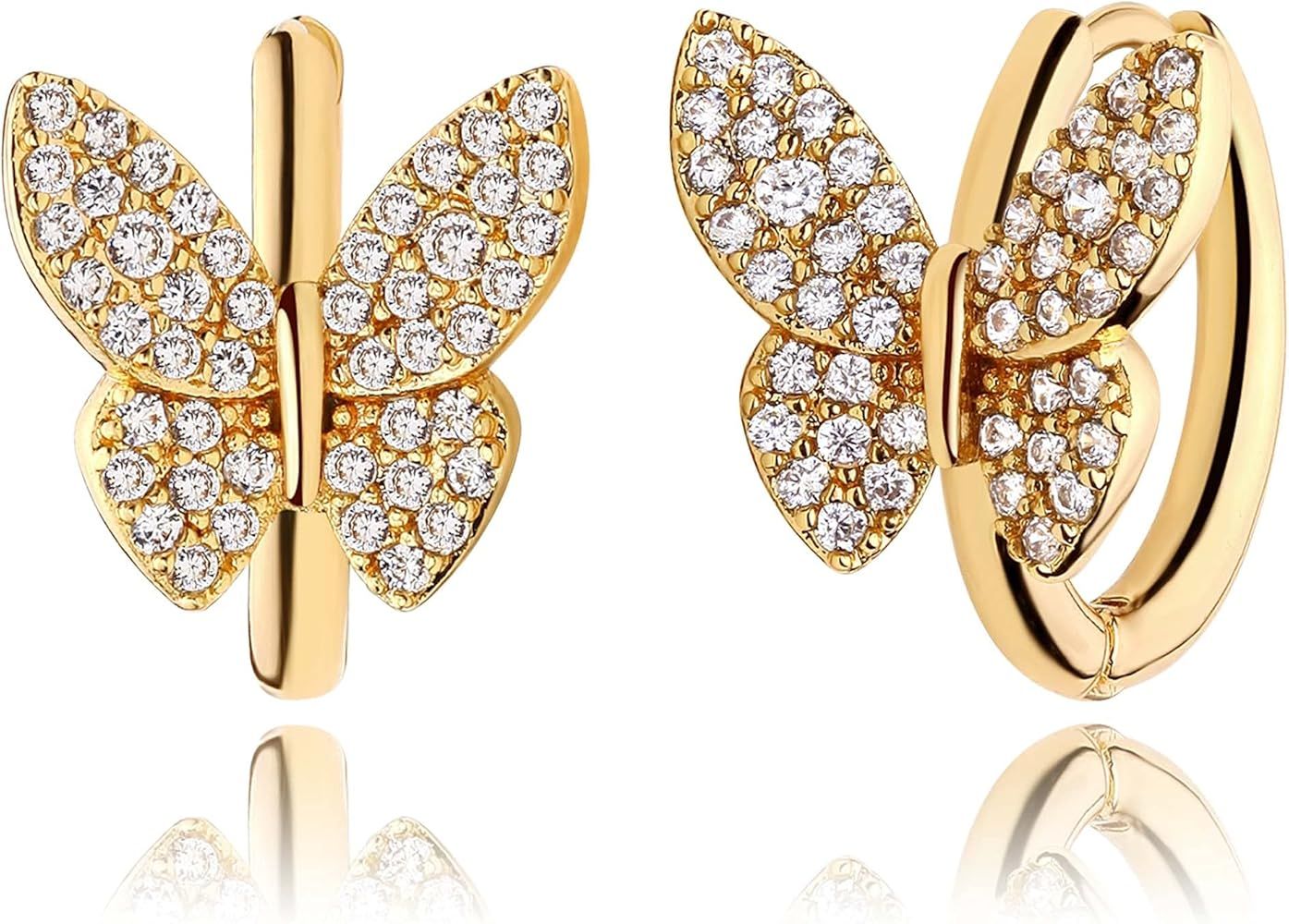 Mevecco 18K Gold Plated Huggie Earrings Dainty Shining White Cubic Zirconia Geometry Beads Butter... | Amazon (US)