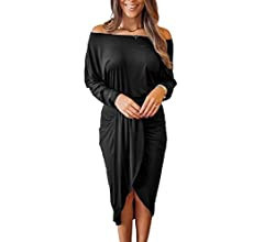 PRETTYGARDEN Women's Ruched Midi Dress Off Shoulder Long Sleeve Asymmetrical Draped Wrap Bodycon ... | Amazon (US)