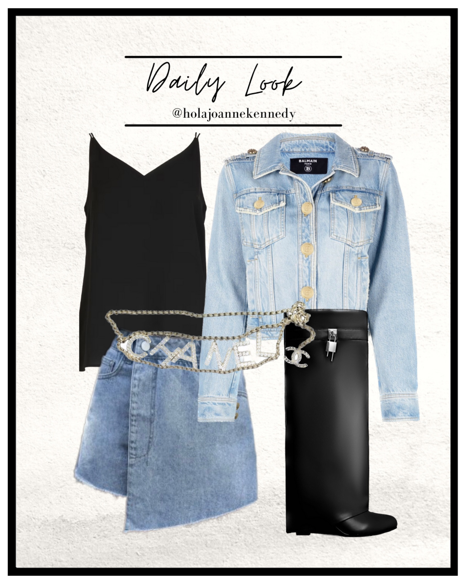 Double denim moment. Denim skort, crop denim jacket, black cami, black wedge boots, black shark boots, black padlock boots, double denim outfit idea, denim skirt outfit, denim skort outfit, daily look, outfit collage 

#LTKstyletip #LTKeurope
