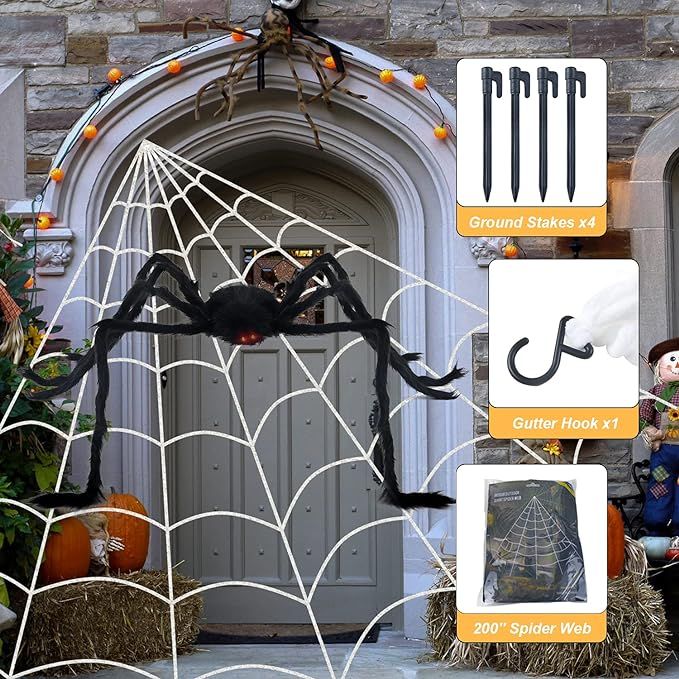 Jiaqee 59'' Halloween Spider Web Huge Triangle + 200'' Giant Spider Decoration Indoor Outdoor Hal... | Amazon (US)