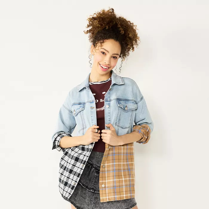 Juniors' SO® Plaid Contrast Jean Shacket | Kohls | Kohl's
