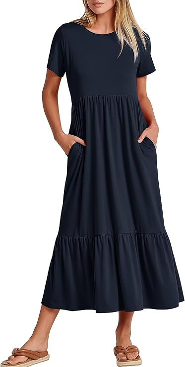 Womens 2026 Summer Casual Maxi Dress A line Tiered Flowy Short Sleeve Crewneck T Shirt Beach Trav... | Amazon (US)