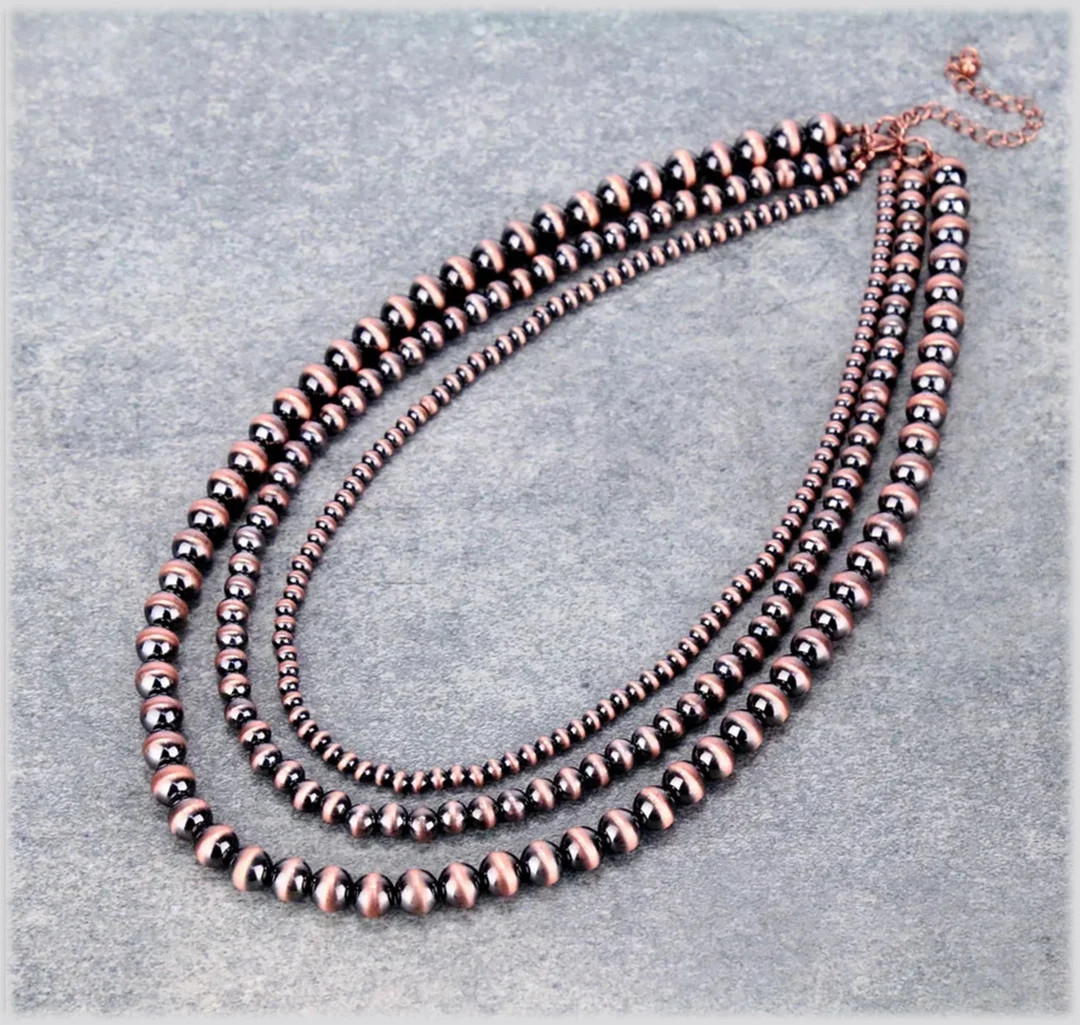 SALE Southwestern Navajo Style Copper Pearl Beads Three Strand Layered Necklace Tribal Boho C29 -... | Etsy (US)