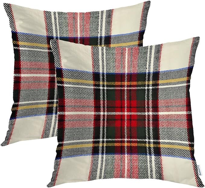 Batmerry Plaid Pillow Covers 18x18 Inch Set of 2, Scottish Tartan Red and White Wool Plaid Patter... | Amazon (US)