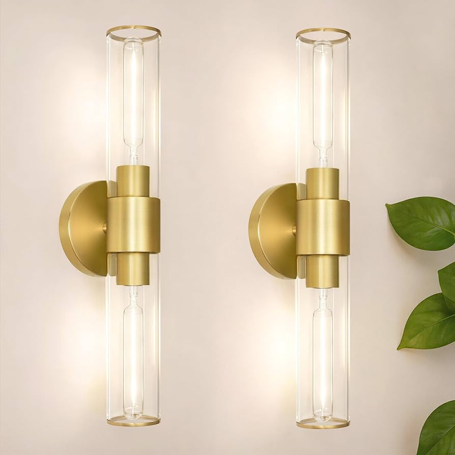 Brushed Gold Wall Sconces Set of 2 (Hardwired Only), Bathroom Vanity Light Fixtures, Modern Cylin... | Amazon (US)