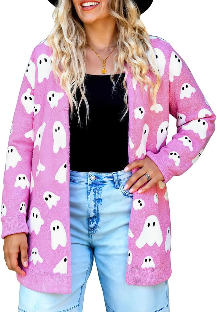 ebossy Women's Fall Fashion Ghost Print Open Front Long Cardigan Casual Furry Knit Long Sleeve Sweaters 2025 Winter Coats | Amazon (US)