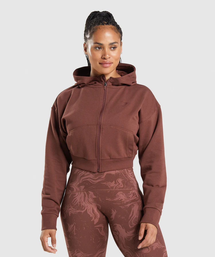 GS Power Cropped Zip Hoodie - Cherry Brown | Gymshark US