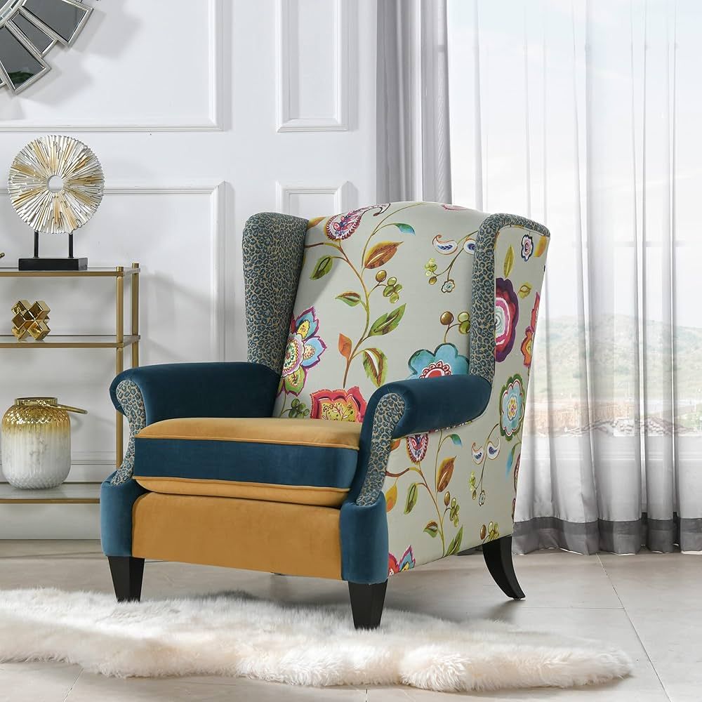 Jennifer Taylor Home Anya Boho Chic Wingback Accent Arm Chair, Floral & Leopard, Blue-Teal & Yell... | Amazon (US)