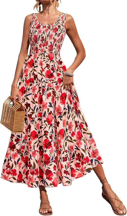 PRETTYGARDEN Smocked Tank Floral Maxi Dresses for Women 2026 Wedding Guest Dress Sleeveless Flowy... | Amazon (US)