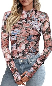 PRETTYGARDEN Women's Long Sleeve Going Out Tops 2026 Spring Y2K Clothes Mesh Floral Fitted Shirts... | Amazon (US)
