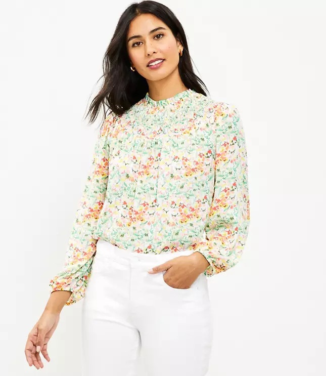 Buttercup Floral Smocked Yoke Blouse | LOFT