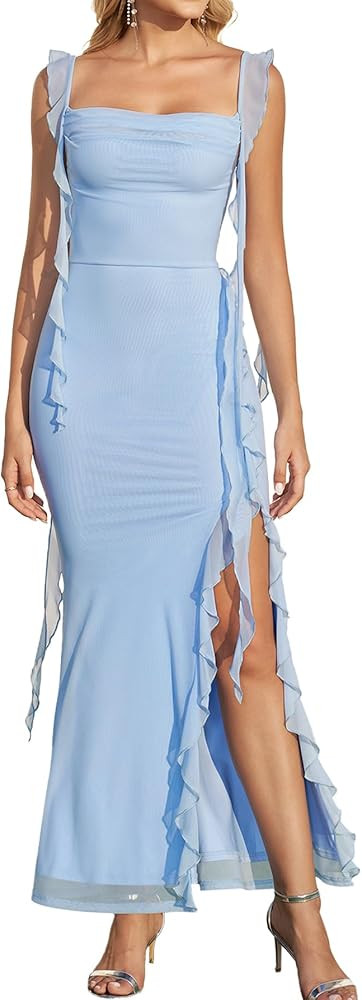 KUTUMAI Ruffle Long Formal Wedding Guest Dress Summer Bodycon Slit Cocktail Party Maxi Dresses fo... | Amazon (US)