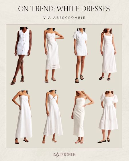 White Dresses via Abercrombie🤍 spring dresses, summer dresses, white dress, white maxi dress, white midi dress, white mini dress, white summer dresses, Abercrombie dresses, vacation outfits