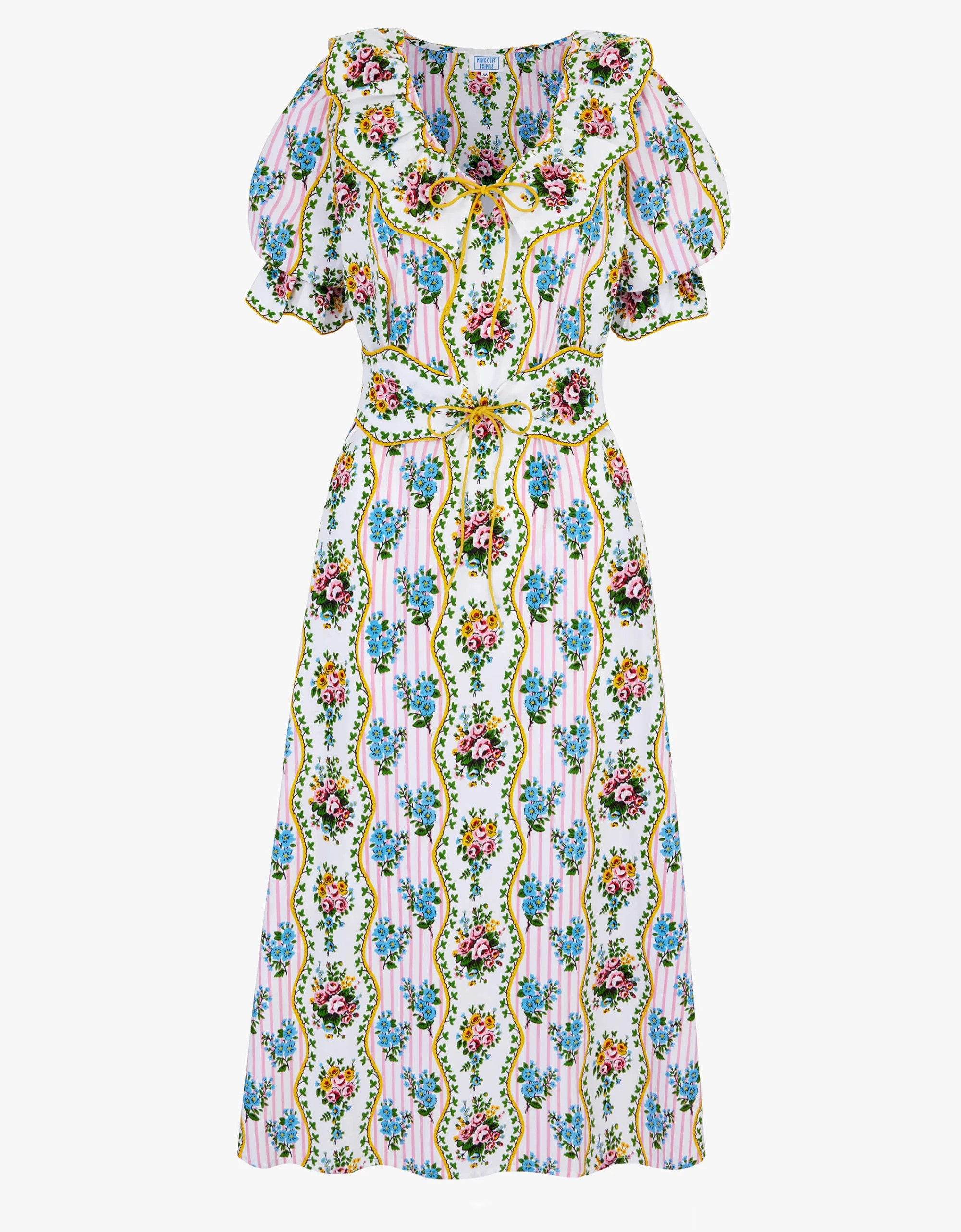 Ava Dress | Yellow, Pink & Blue Flower | Screen Printed Cotton | Pink City Prints UK