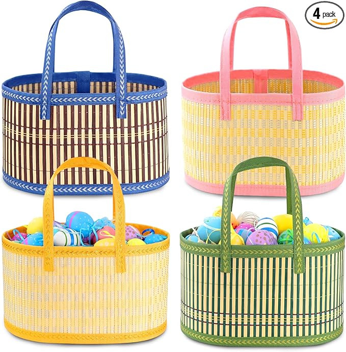 4Pcs Foldable Easter Woven Bamboo Baskets Empty, Oval Easter Basket Bulk Set with Handle, Large E... | Amazon (US)