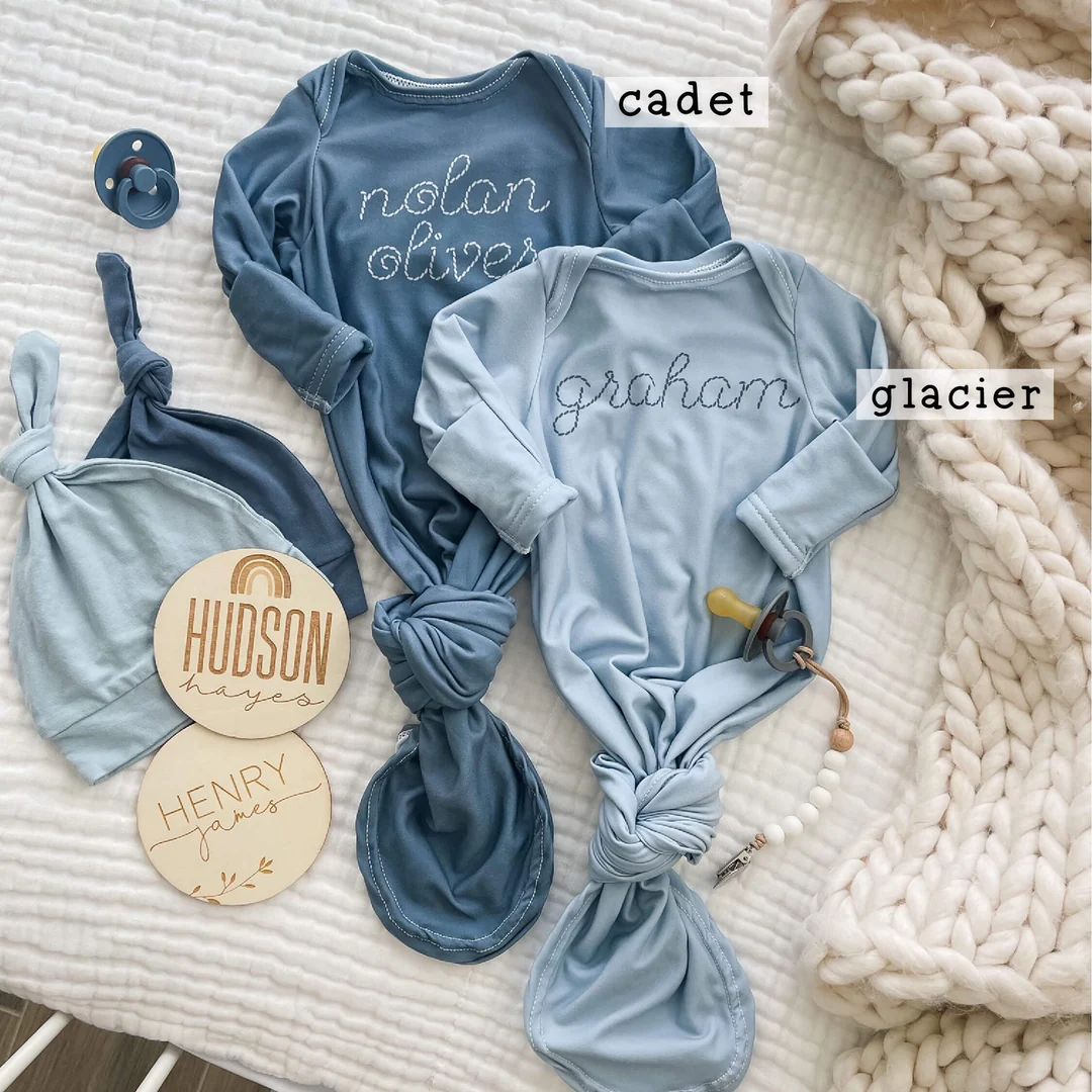 Personalized Stitched Newborn Baby Knot Gown | Ocean Blues | Caden Lane
