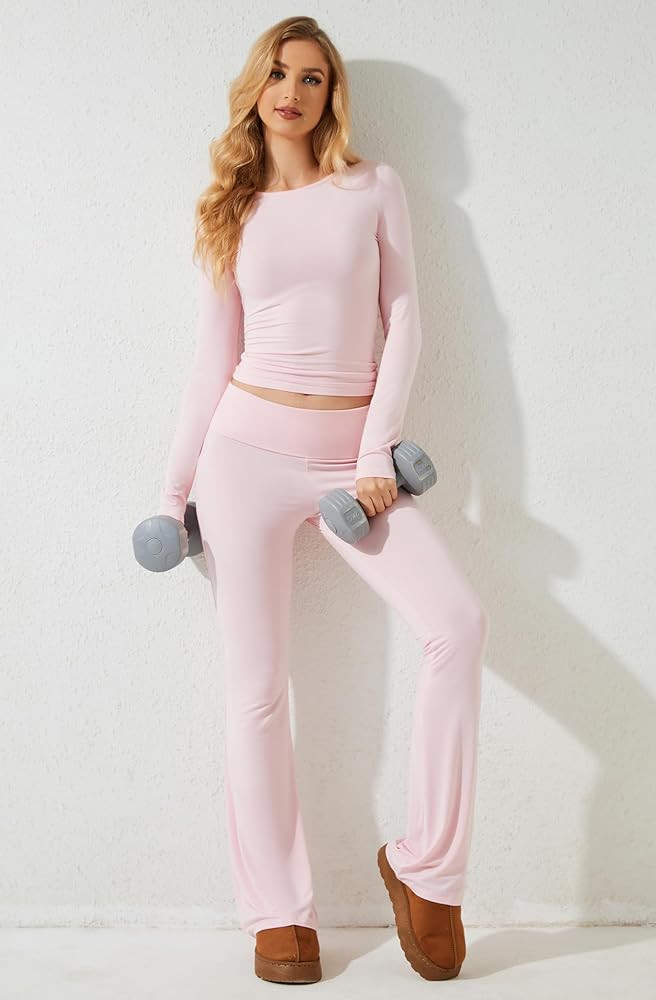 MISSACTIVER Women's Two Piece Outfit Basic Long Sleeve Crop Top and Low Rise Flare Pants Set Loun... | Amazon (US)