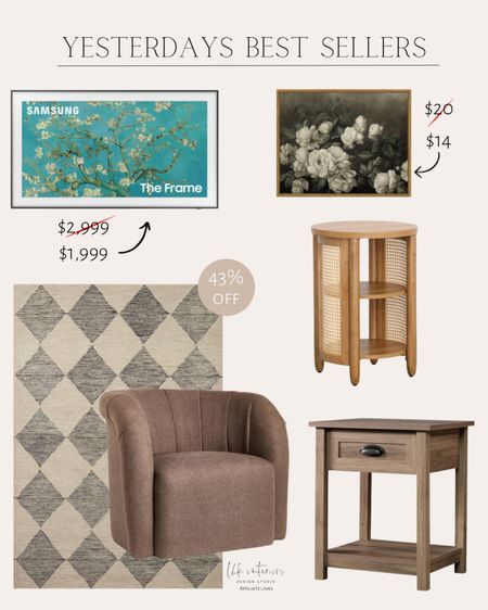 Yesterdays Best Sellers 
The frame tv / vintage wall art / geometric rug / accent chair / accent side tables 

#LTKHome #LTKSaleAlert
