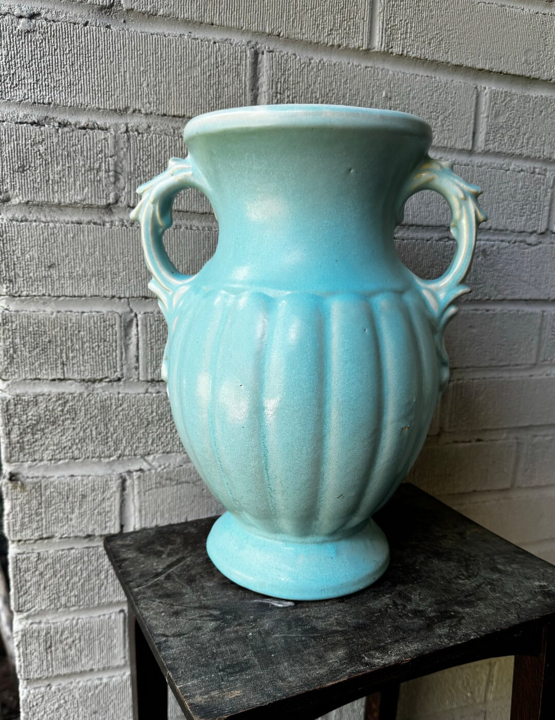Vintage 1940s Mccoy Vase Mid Century Aqua Blue Planter #112 HUGE Double Handled Floor Vase as Is ... | Etsy (US)