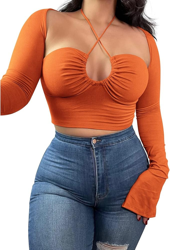 Women's Sexy Halter Criss Cross Tie Up Crop Top Basic Long Sleeve Cut Out T Shirt | Amazon (US)