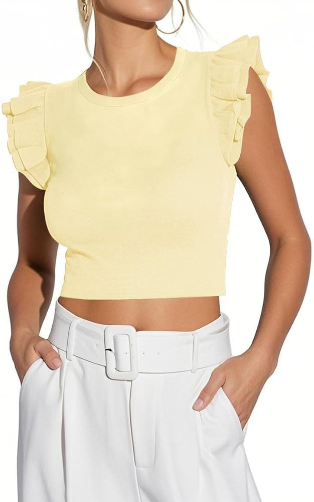 Ezbelle Womens Crop Tank Tops Summer Ruffle Shirts Sexy Ribbed Knit Sleeveless Tshirt Fit Trendy ... | Amazon (US)