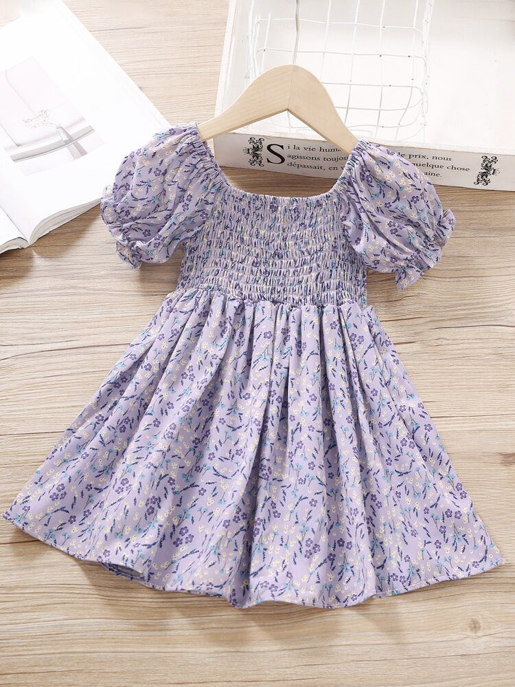 Toddler Girls Ditsy Floral Print Shirred Flounce Sleeve Dress | SHEIN