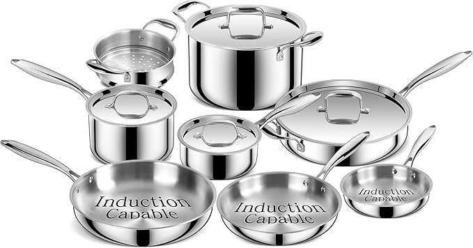 Triple Ply Stainless Steel Pots and Pans Set, EWFEN 12 Piece Induction Cookware Set, Oven Dishwas... | Amazon (US)