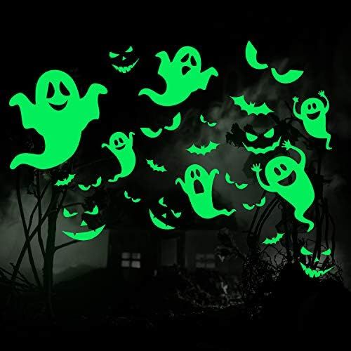 Outus 49 Pieces Halloween Glow in The Dark Window Decals Luminous Stickers Ghost Wall Stickers Bat W | Amazon (US)