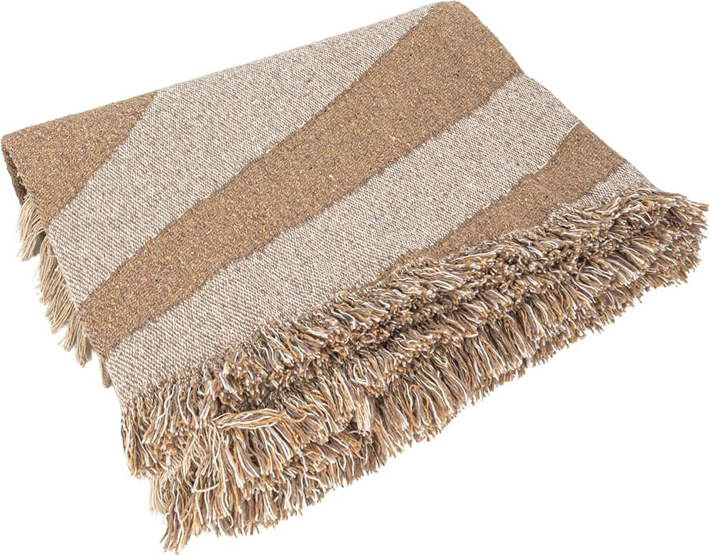 Bloomingville Woven Reclaimed Cotton Blend Throw with Wave Design and Fringe, Brown and Beige | Amazon (US)