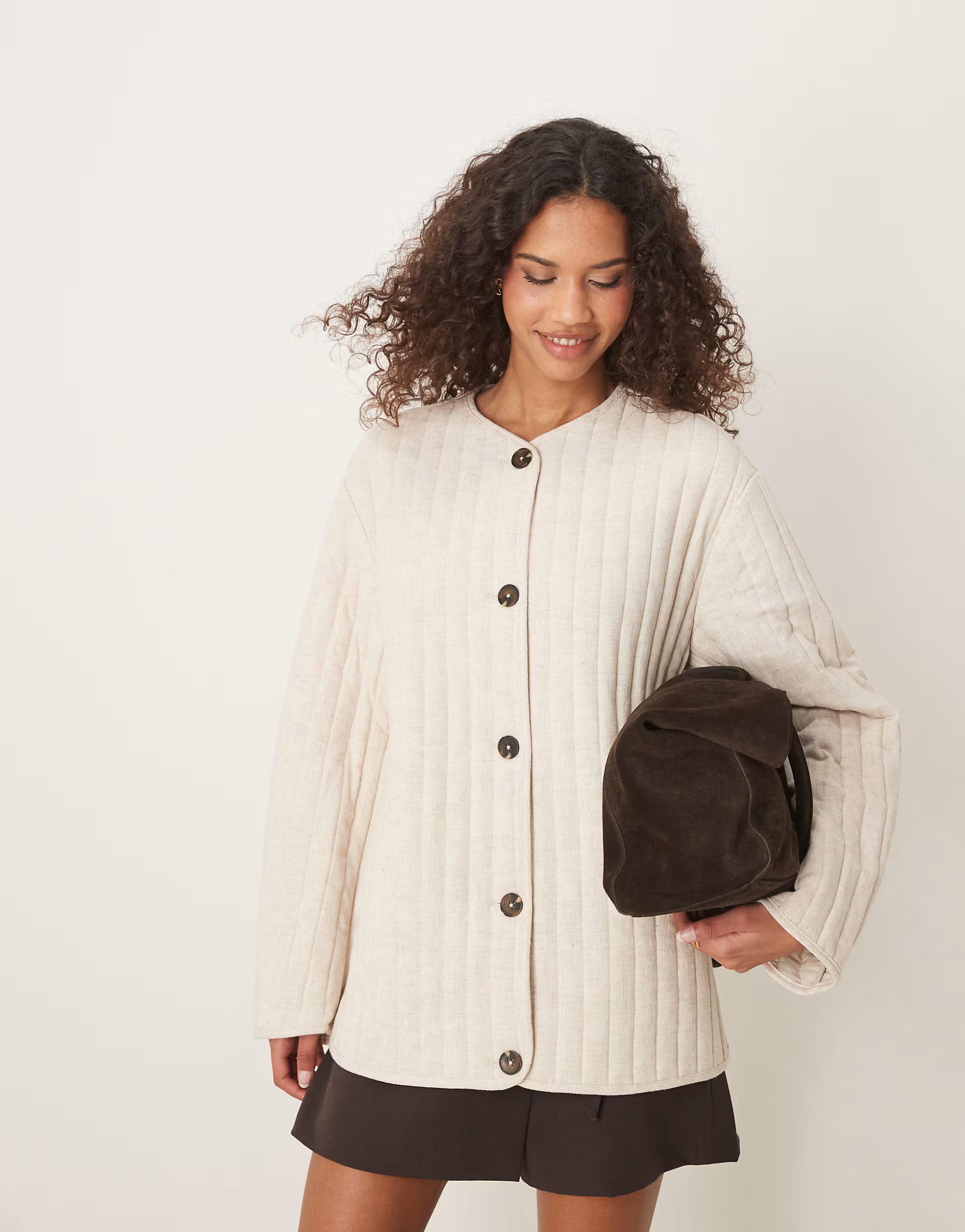 ASOS DESIGN linen dolphin hem collarless quilted jacket in oatmeal | ASOS (Global)