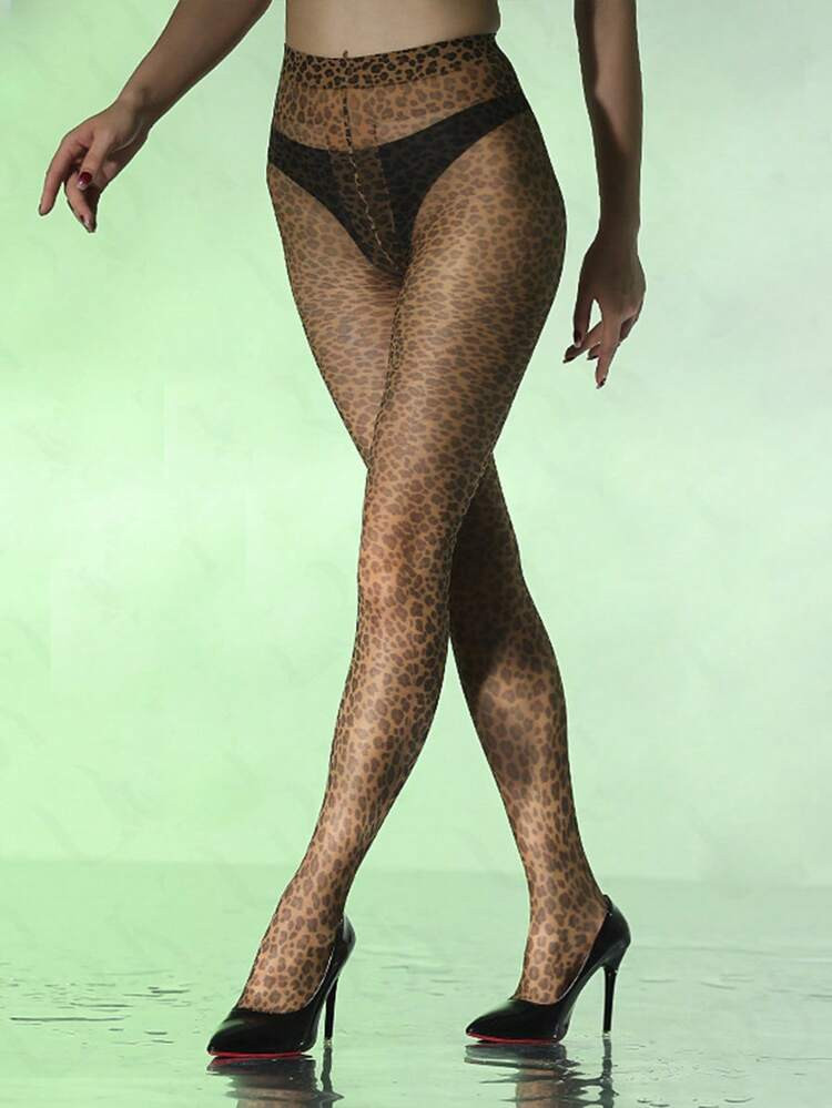 1 Pair Of Skin-Colored Leopard Print Stockings, Sexy Lingerie, Leopard Print Sexy Pantyhose | SHEIN